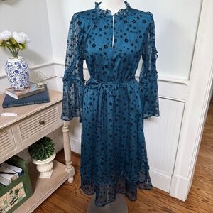 Teal Blue Floral Midi Dress Ruffle Mock Neck Bell Sleeve Medium GIGIO